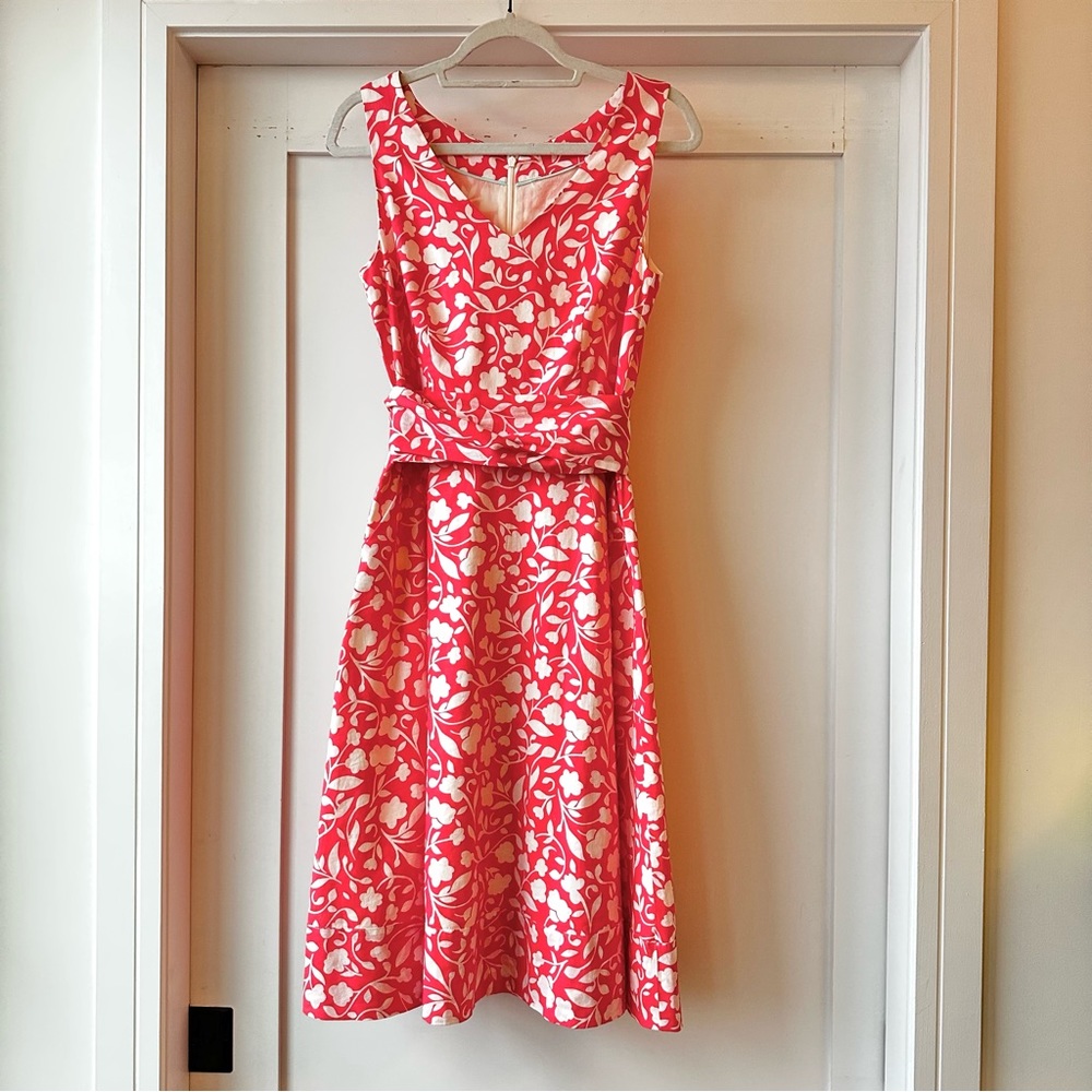 Boden Women's Jade Dress Size 8R Coral White Floral Attached Tie Linen Blend
